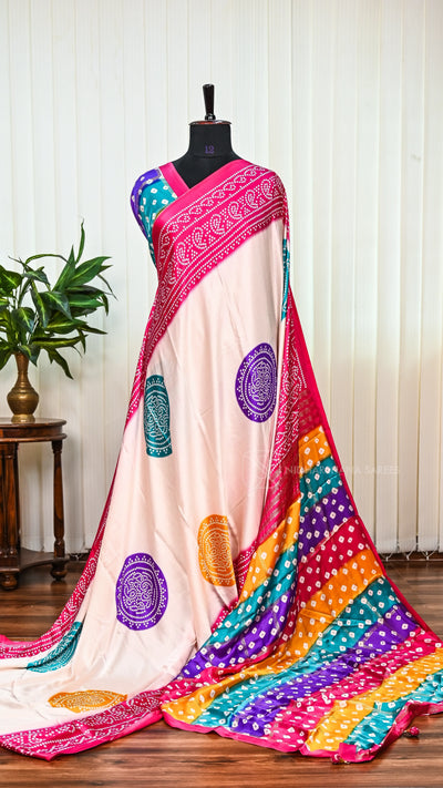 Semi Satin With Bandhini Print And Contrast Border