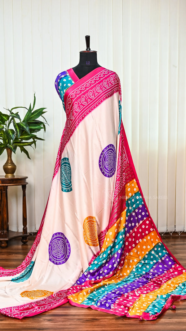 Semi Satin With Bandhini Print And Contrast Border