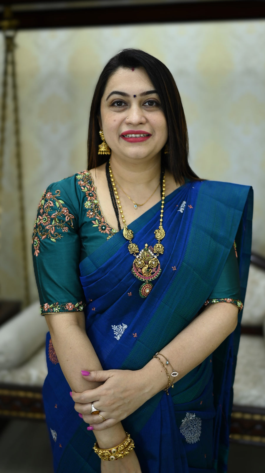 Raw Silk With Peacock Copper And Silver Zari