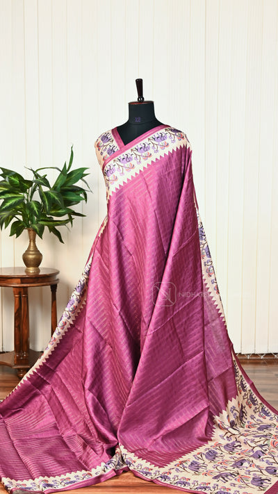 Semi Tussar Silk With Zari Checks And Digital Print Border