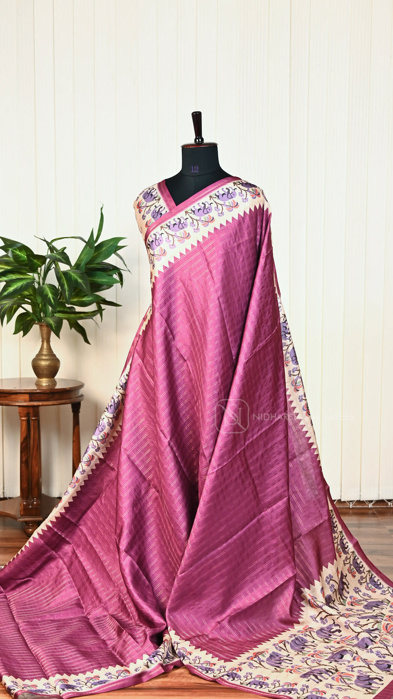 Semi Tussar Silk With Zari Checks And Digital Print Border