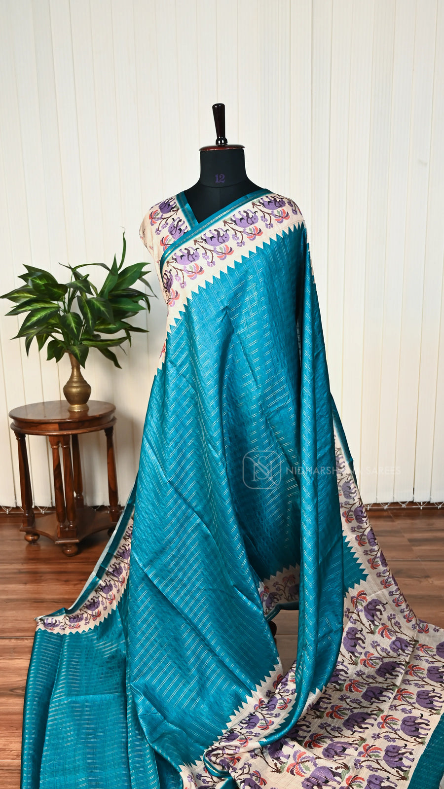 Semi Tussar Silk With Zari Checks And Digital Print Border