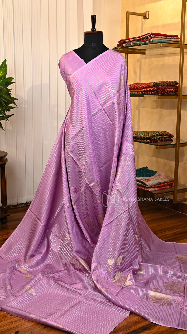 Premium Viscose Silk With Silver And Gold Zari Lines And Floral Concept