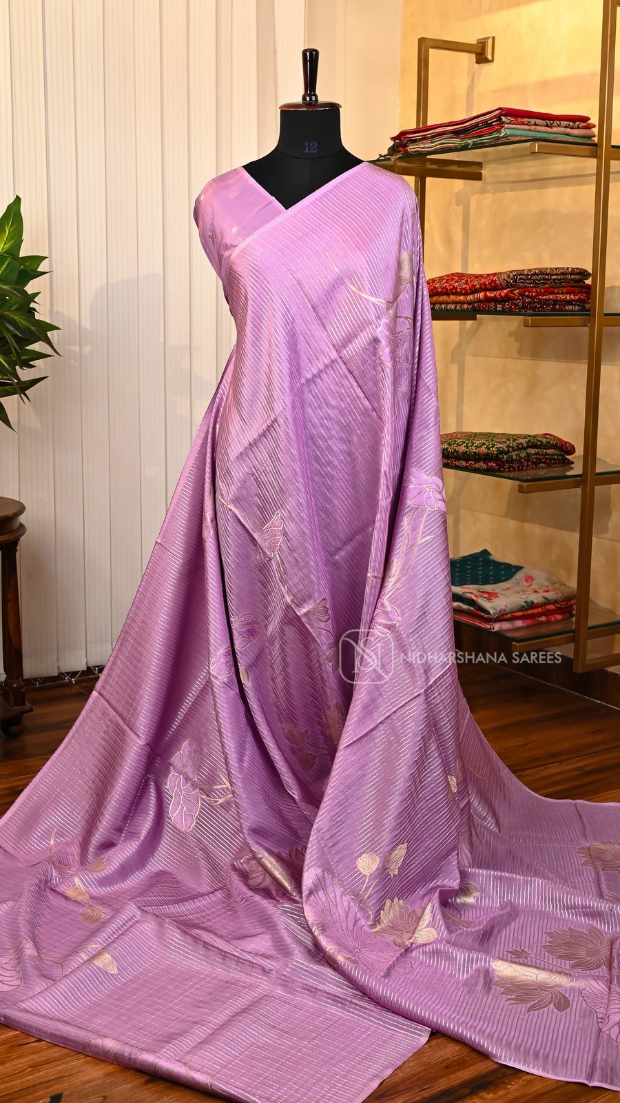 Premium Viscose Silk With Silver And Gold Zari Lines And Floral Concept