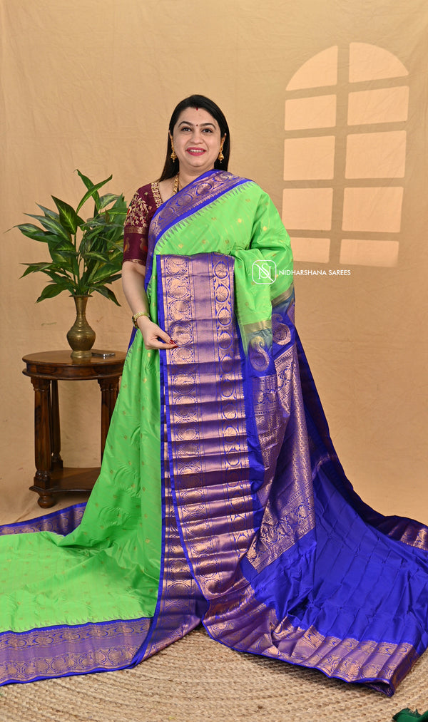 Semi Gadwal With Zari Lines And Peacock Motif Butta