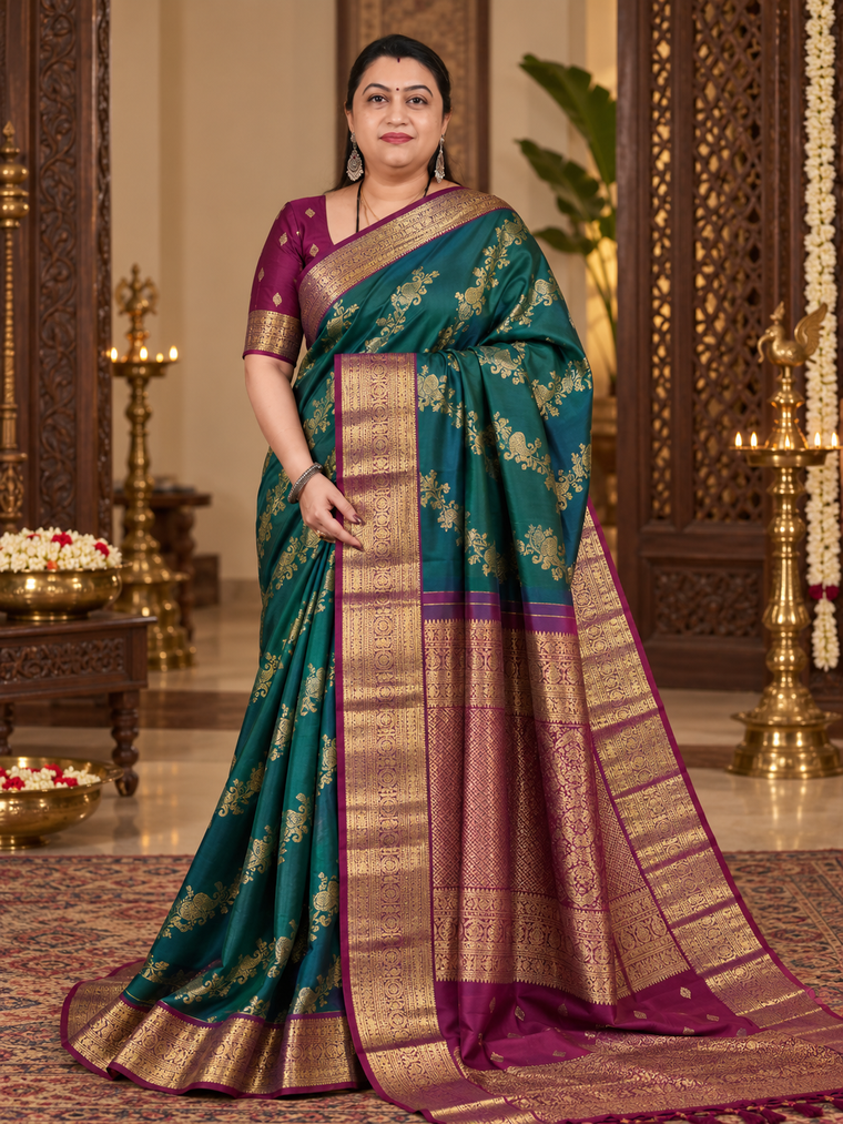 Pure Kanchipuram Silk Saree With Mango Motif And Lehariya Concept Zari Weaving And Contrast Zari Border